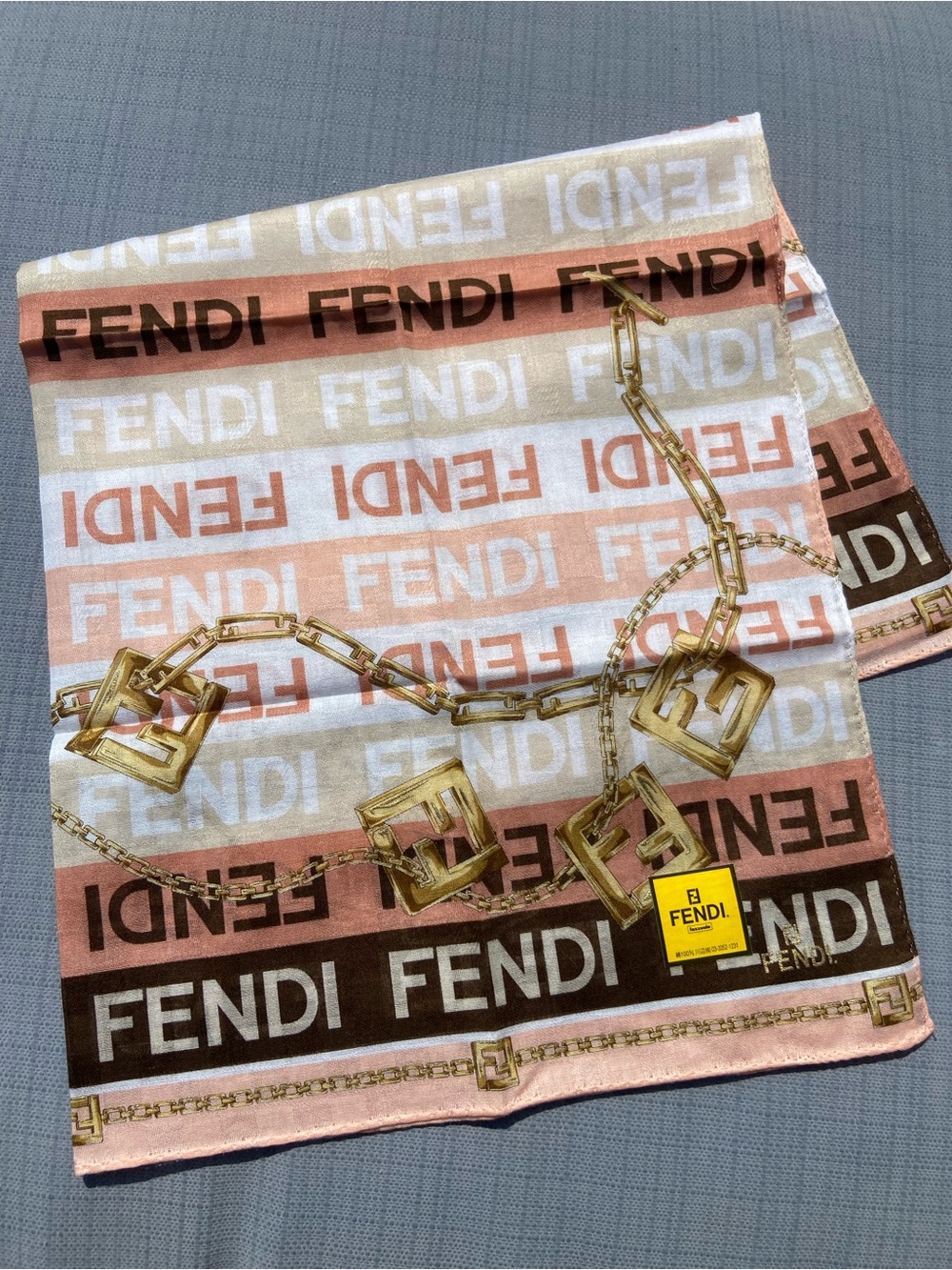 Fendi Pink & Brown Logo Scarf with Gold Chain Print